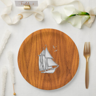 Chrome Silver like Sailboat on Teak Veneer Paper Plate