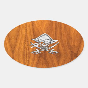 Chrome Silver Pirate on Teak Veneer Decor Oval Sticker