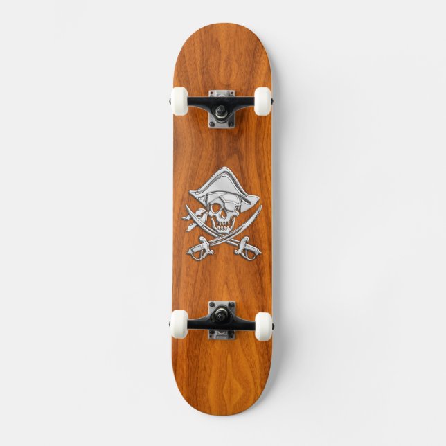 Chrome Silver Pirate on Teak Veneer Decor Skateboard (Front)