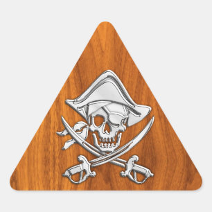 Chrome Silver Pirate on Teak Veneer Decor Triangle Sticker