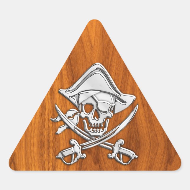 Chrome Silver Pirate on Teak Veneer Decor Triangle Sticker (Front)
