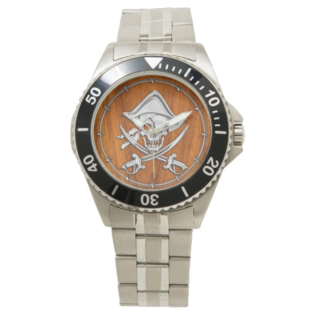 Chrome Silver Pirate on Teak Veneer Decor Watch (Front)