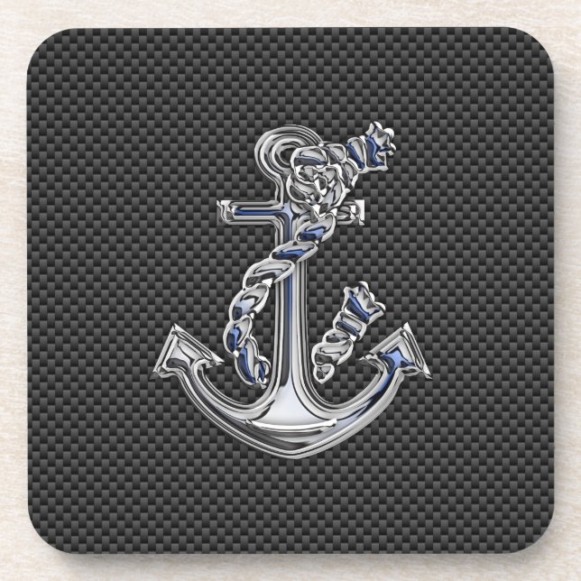 Chrome Silver Style Rope Anchor on Carbon Fibre Coaster (Front)