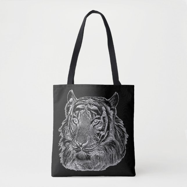 chrome silver tiger face animal nature jungle art tote bag (Front)