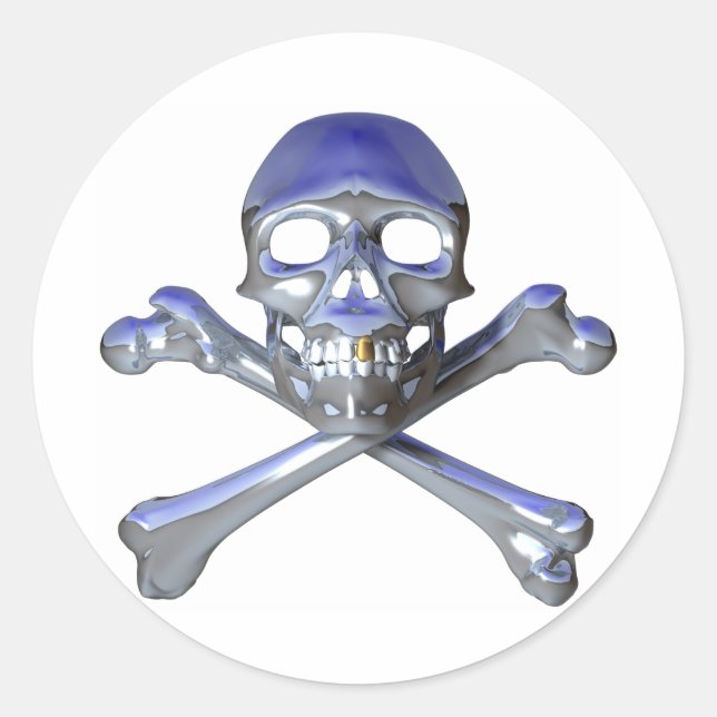 Chrome skull and crossbones classic round sticker (Front)