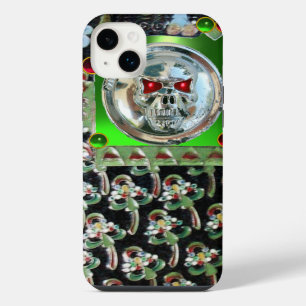 CHROME SKULL , BLACK GREEN RED EMERALD GEM STONES iPhone 14 PLUS CASE