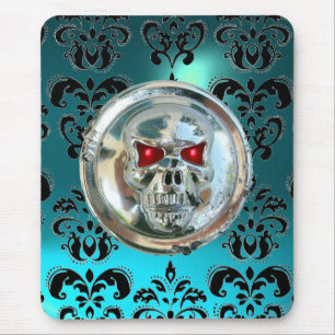 CHROME SKULL ,Damask, Blue Aquamarine Mouse Pad