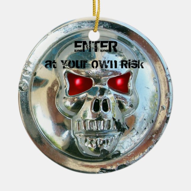 CHROME SKULL DAMASK DOOR HANGER CERAMIC TREE DECORATION (Front)