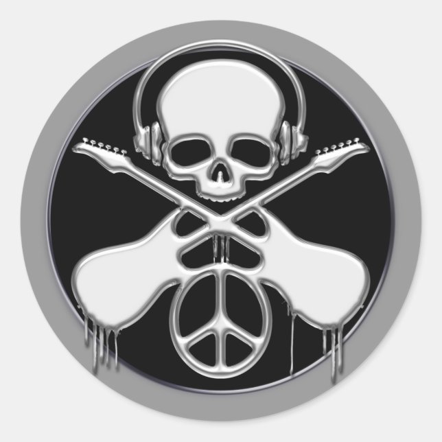 CHROME SKULL, GUITAR AND PEACE SIGN CLASSIC ROUND STICKER (Front)