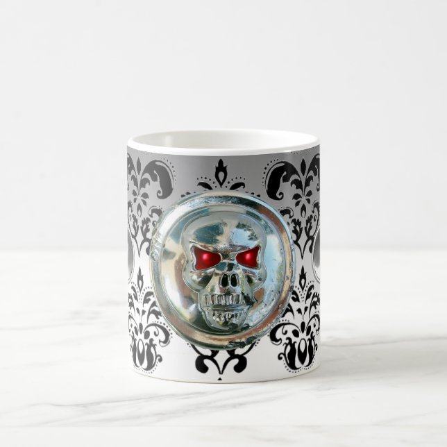 CHROME SKULL RIDERS WHITE BLACK DAMASK COFFEE MUG (Center)