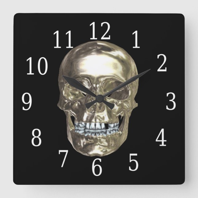 Chrome Skull Square Clock (Front)