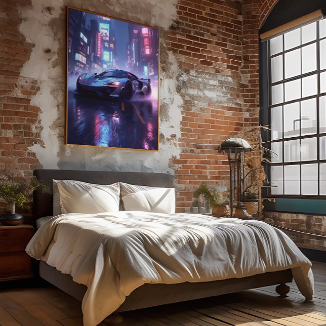 Chrome Sports Car in Cyberpunk Neon City at Night Poster (Creator Uploaded)