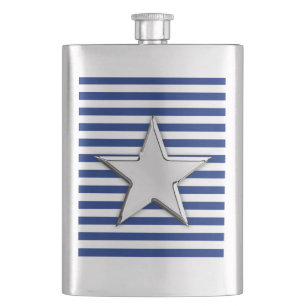 Chrome Star Nautical on Navy Stripes Print Hip Flask