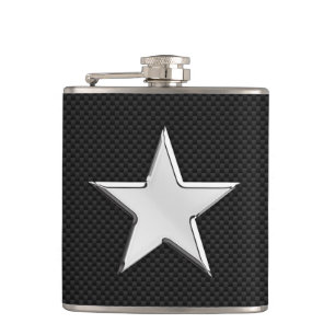 Chrome Star on Carbon Fibre Print Hip Flask