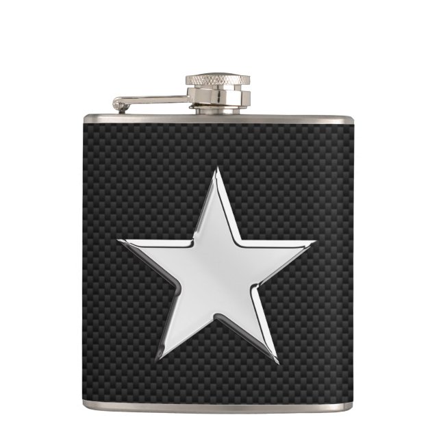 Chrome Star on Carbon Fibre Print Hip Flask (Front)