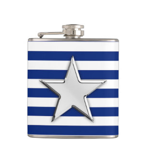 Chrome Star on Navy Stripes Hip Flask
