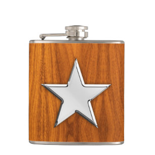 Chrome Star on Teak Print Hip Flask