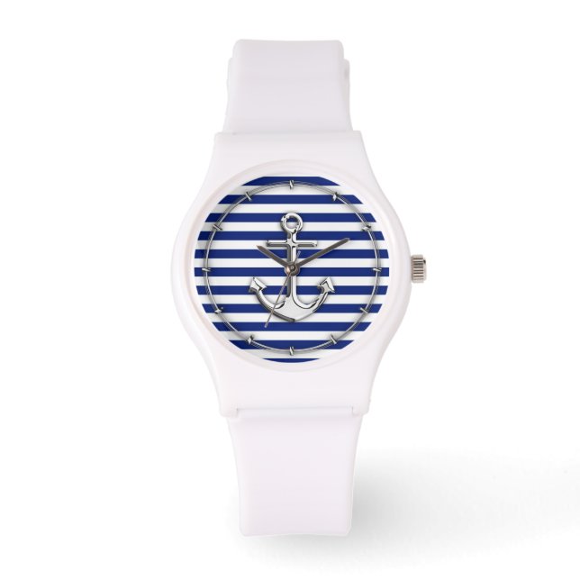 Chrome Style Anchor on Navy Stripes Decor Watch (Front)