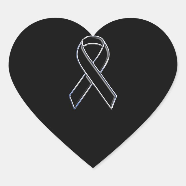 Chrome Style Black Ribbon Awareness on Black Heart Sticker (Front)