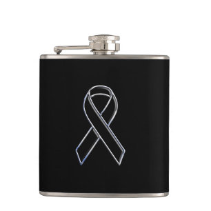 Chrome Style Black Ribbon Awareness on Black Hip Flask