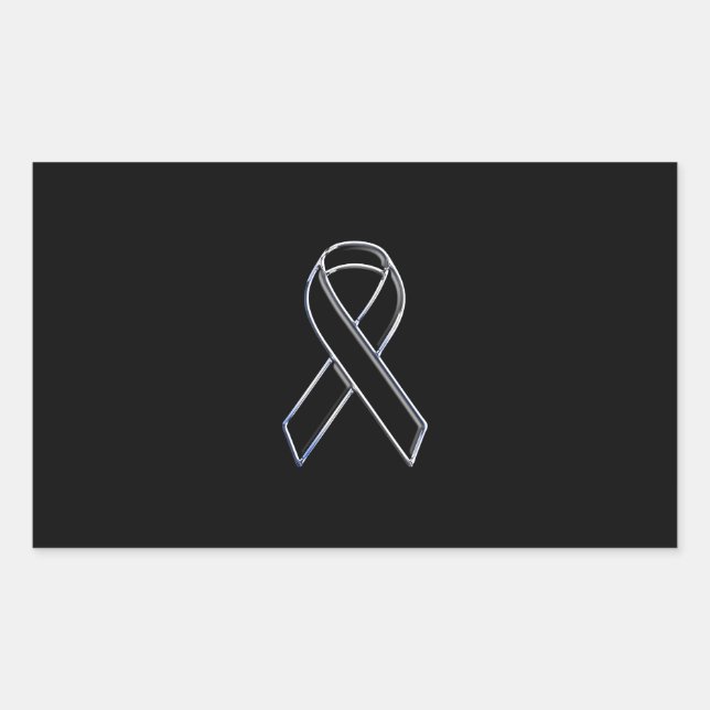 Chrome Style Black Ribbon Awareness on Black Rectangular Sticker (Front)