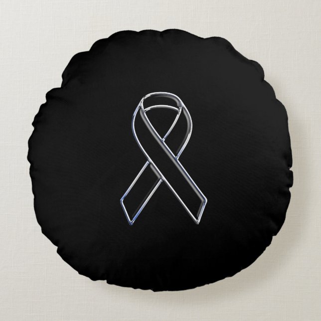 Chrome Style Black Ribbon Awareness on Black Round Cushion (Front)