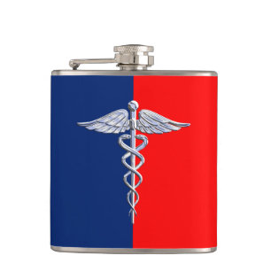 Chrome Style Caduceus Medical Symbol League Hip Flask