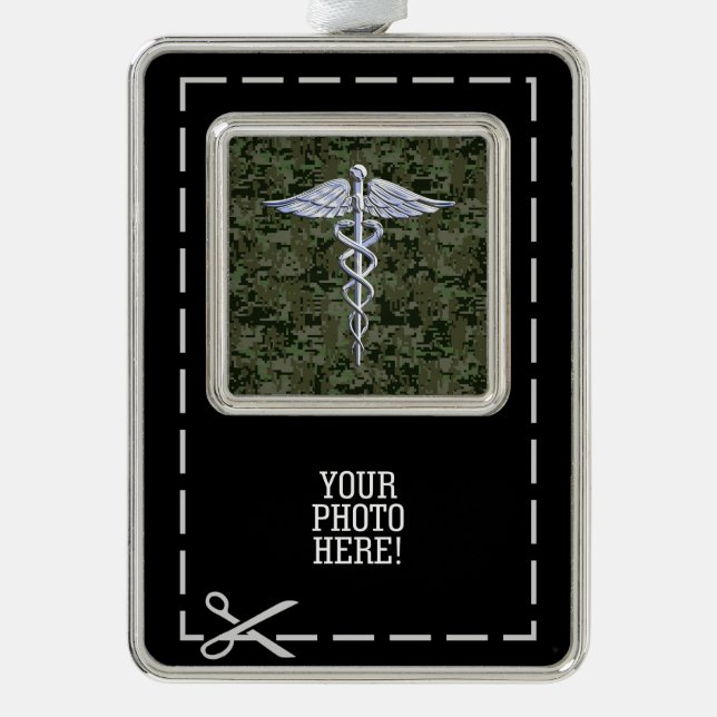 Chrome Style Caduceus Symbol on Green Camouflage Silver Plated Framed Ornament (Front)