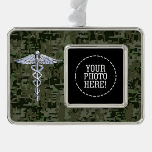 Chrome Style Caduceus Symbol on Green Camouflage Silver Plated Framed Ornament
