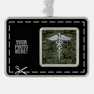 Chrome Style Caduceus Symbol on Green Camouflage Silver Plated Framed Ornament