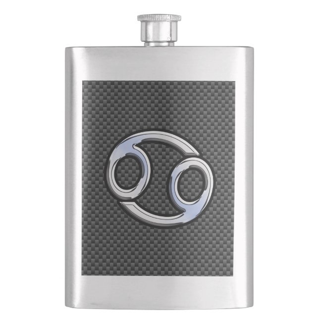 Chrome Style Cancer Zodiac Sign Carbon Fiber Print Hip Flask (Front)