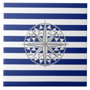 Chrome Style Compass on Nautical Stripes Tile