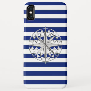 Chrome Style Compass on Navy Blue Stripes iPhone XS Max Case