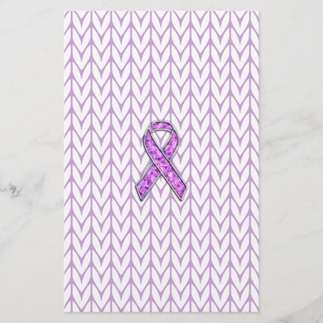 Chrome Style Crystal Pink Ribbon Awareness Knit Stationery (Front)