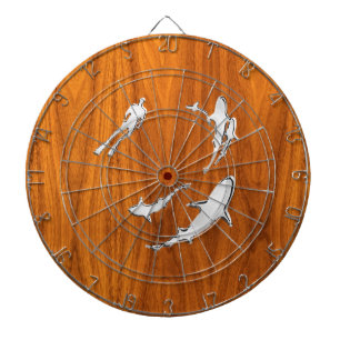 Chrome Style Diver with Sharks on Teak Veneer Dartboard