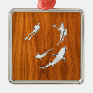 Chrome Style Diver with Sharks on Teak Veneer Metal Tree Decoration