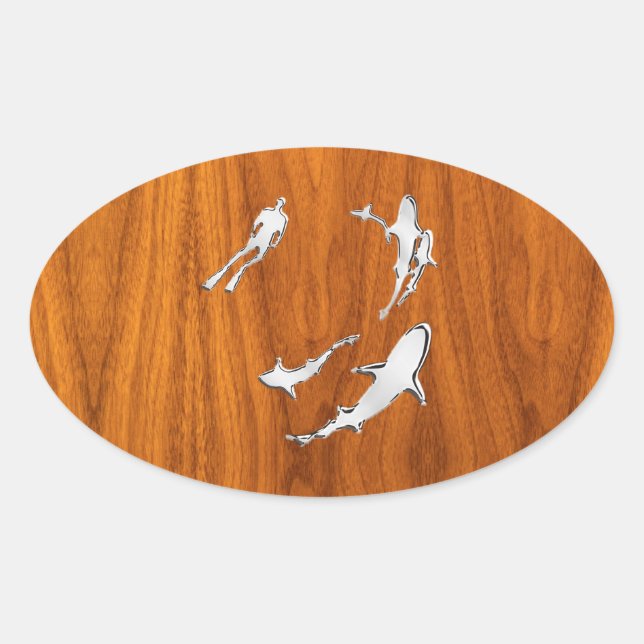 Chrome Style Diver with Sharks on Teak Veneer Oval Sticker (Front)