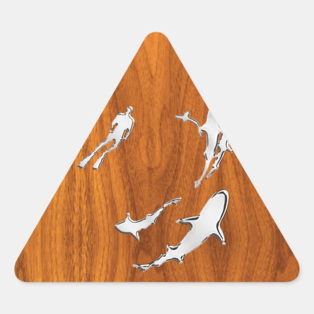 Chrome Style Diver with Sharks on Teak Veneer Triangle Sticker (Front)