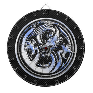 Chrome style Dragon badge on Carbon Fibre Print Dartboard