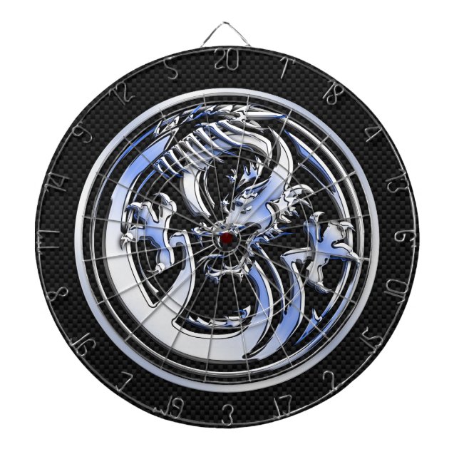 Chrome style Dragon badge on Carbon Fibre Print Dartboard (Front)