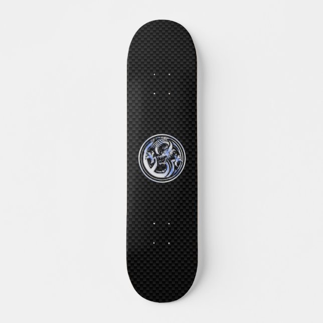 Chrome style Dragon badge on Carbon Fibre Print Skateboard (Front)