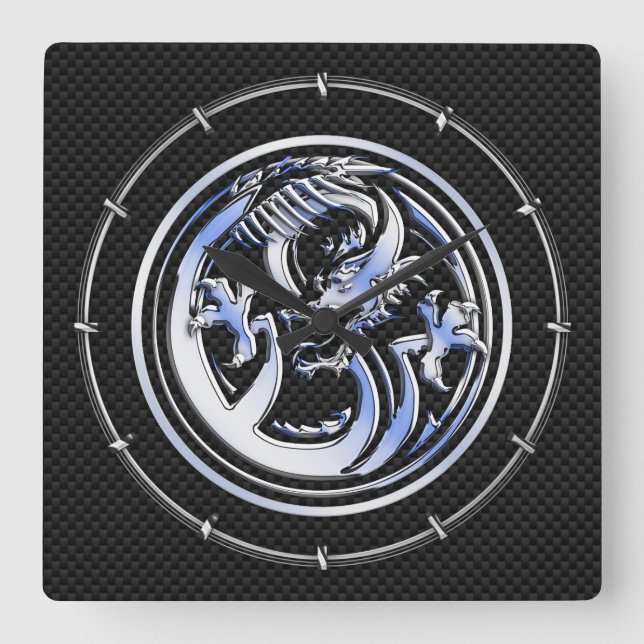 Chrome style Dragon badge on Carbon Fibre Print Square Wall Clock (Front)