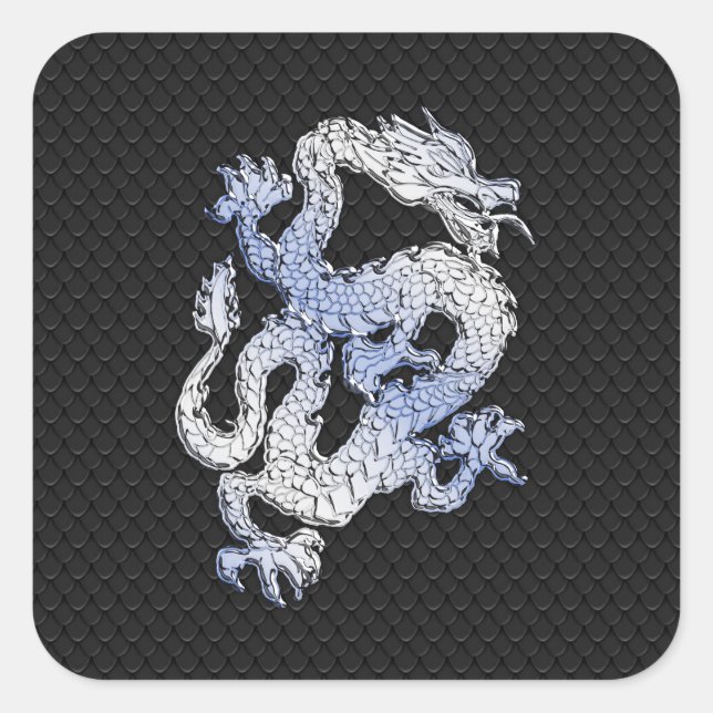 Chrome Style Dragon in Black Snake Skin Print Square Sticker (Front)