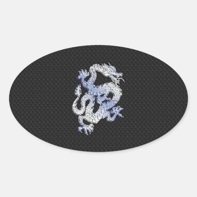 Chrome Style Dragon on Black Snake Skin Print Oval Sticker (Front)