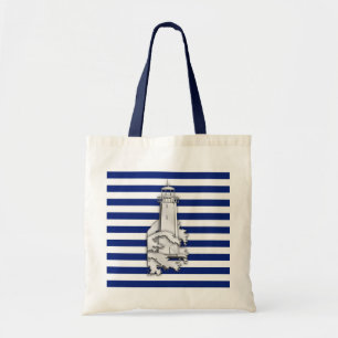 Chrome Style Lighthouse on Blue Nautical Stripes Tote Bag