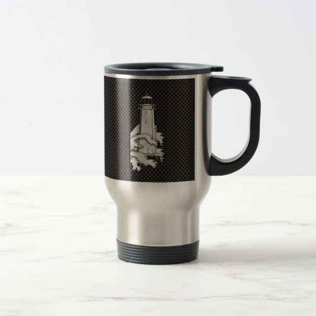 Chrome Style Lighthouse on Carbon Fibre Travel Mug (Right)