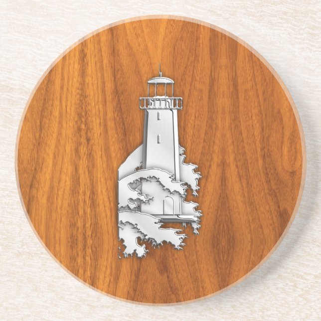 Chrome Style Lighthouse on Teak Wood Decor Coaster (Front)