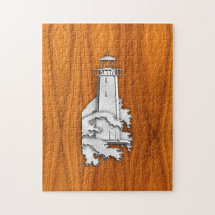 Chrome Style Lighthouse on Teak Wood Decor Jigsaw Puzzle