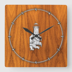 Chrome Style Lighthouse on Teak Wood Decor Square Wall Clock