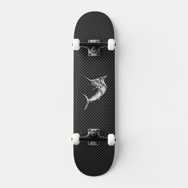 Chrome Style Marlin on Carbon Fibre Skateboard (Front)